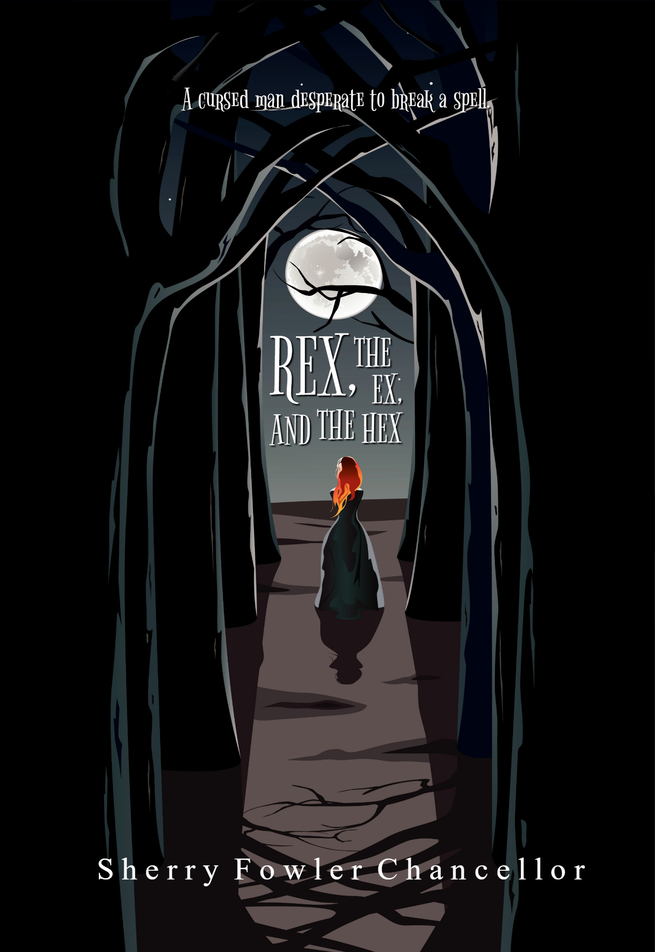 Vector illustration of girl walking through a mysterious dark forest